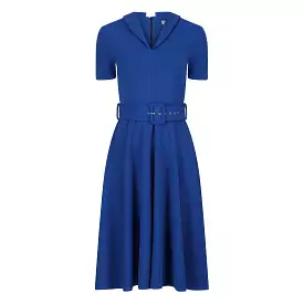 Royal Blue Belted Midi Swing Dress With Collared V Neck