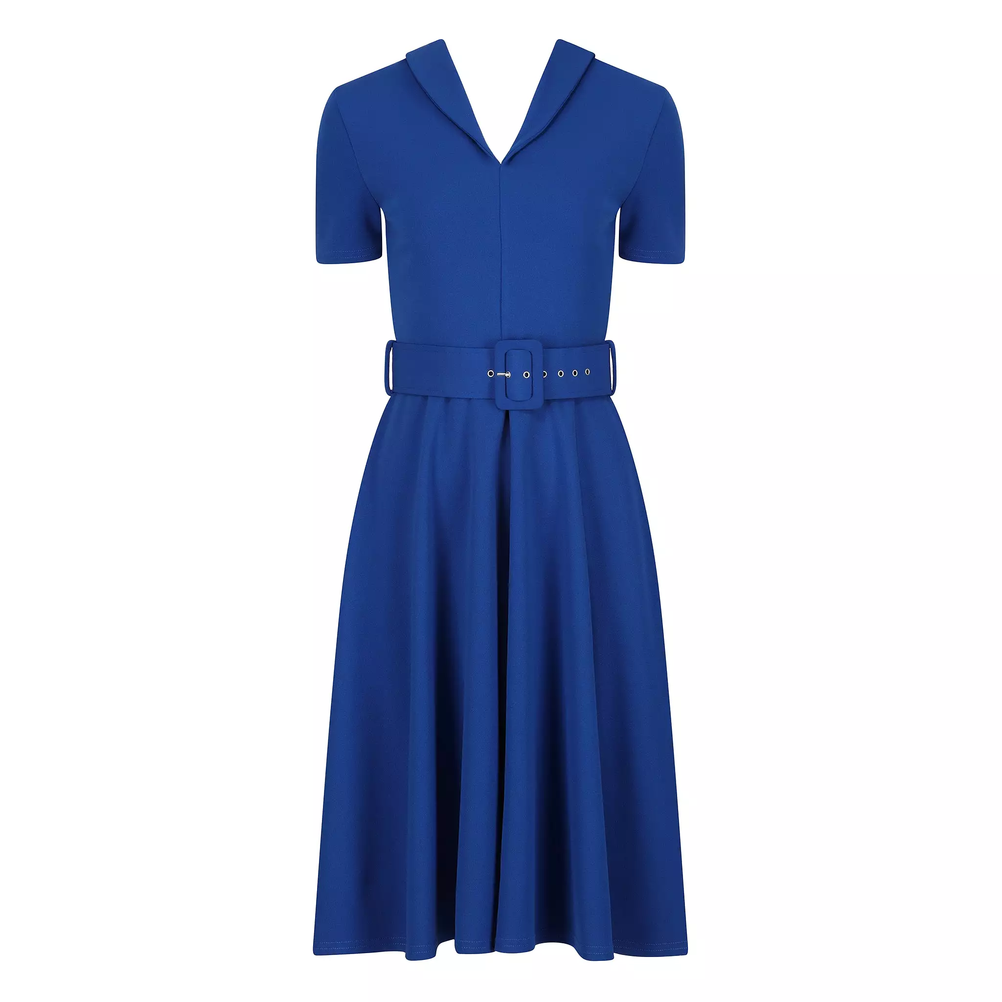 Royal Blue Belted Midi Swing Dress With Collared V Neck