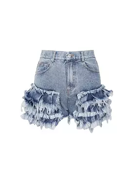 Ruffle Detailed Raw Edge Denim Shorts