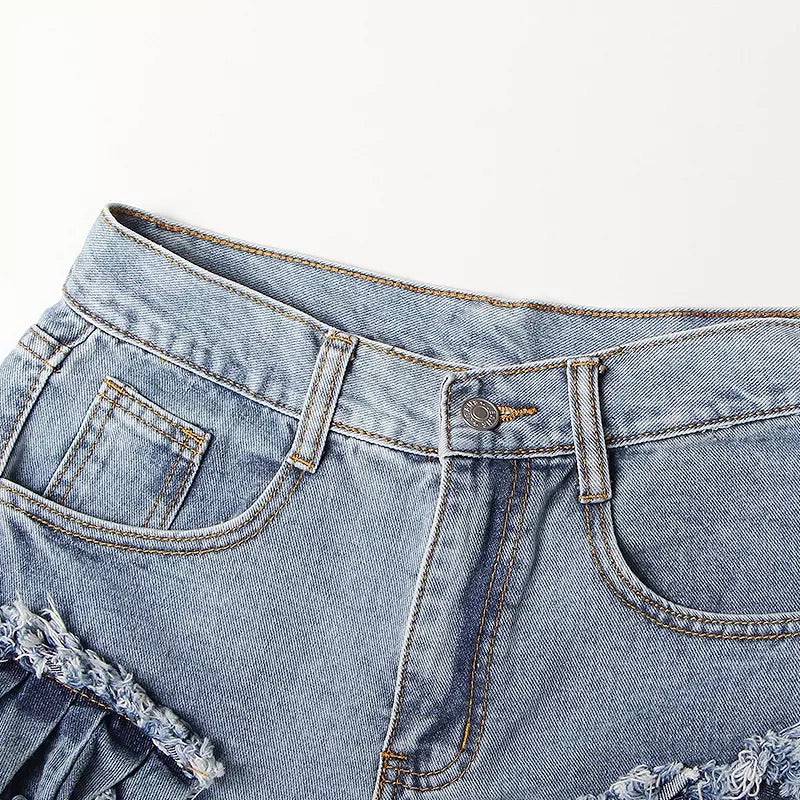 Ruffle Detailed Raw Edge Denim Shorts