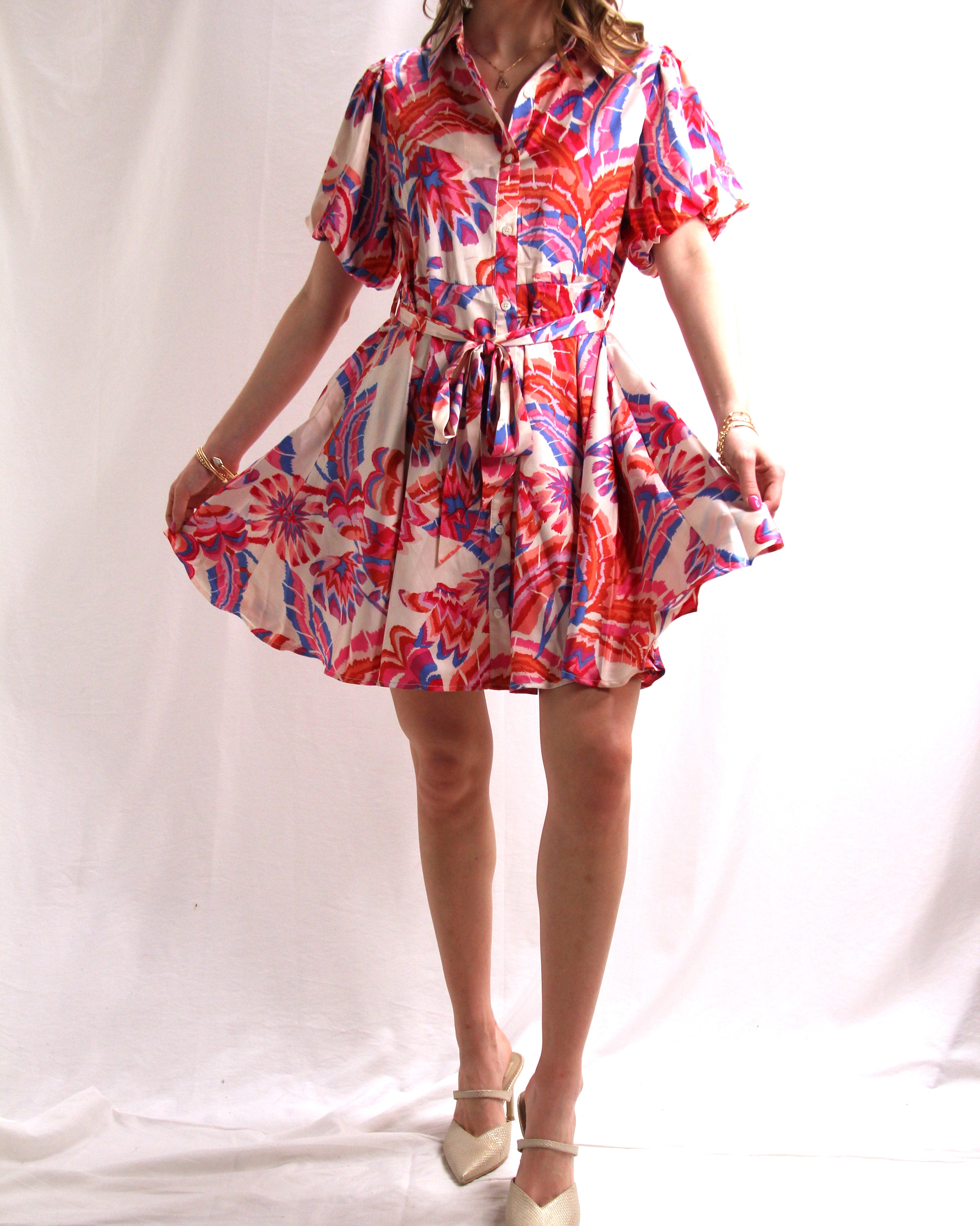 Satin Print Dress with Belted Waist - Off White