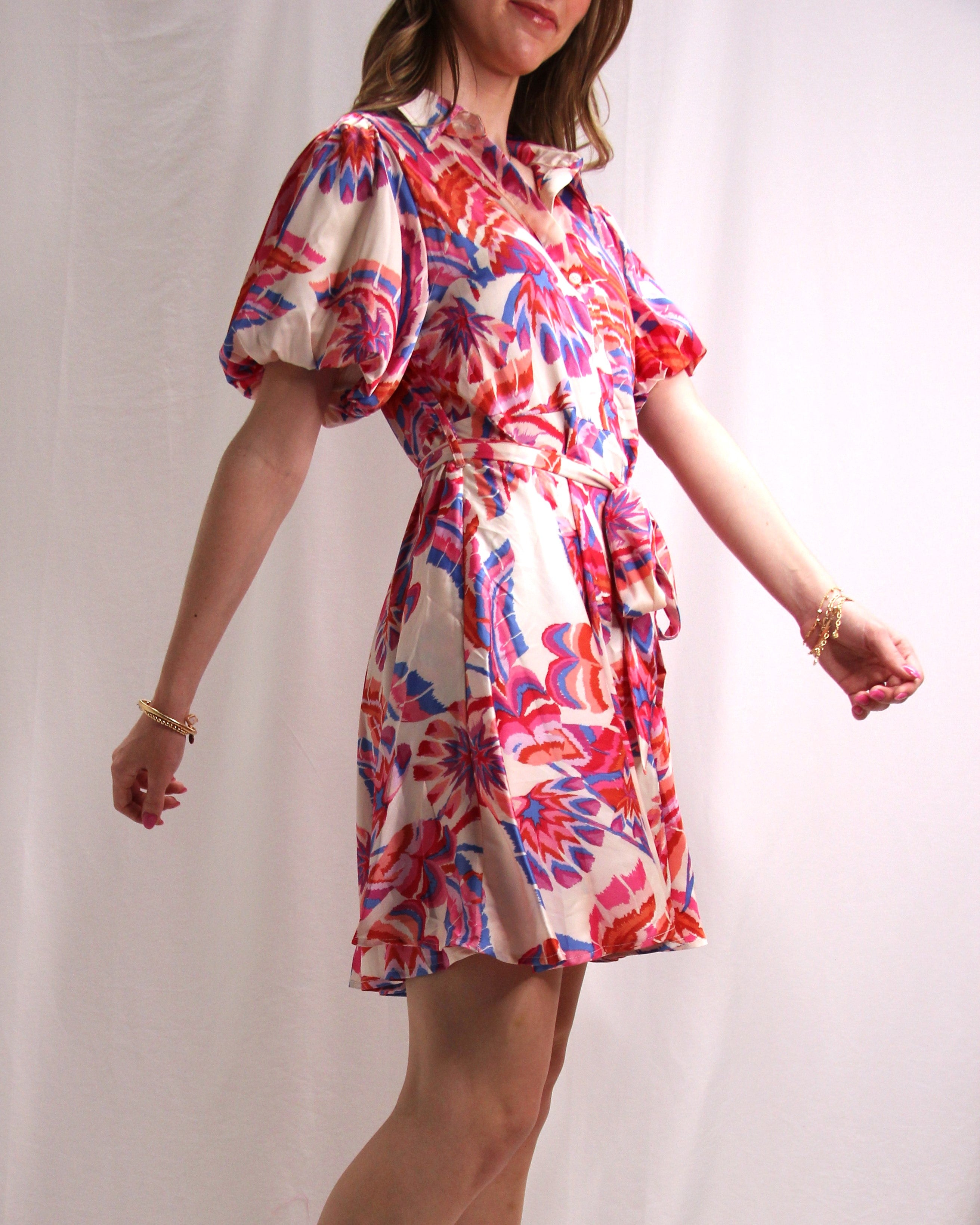 Satin Print Dress with Belted Waist - Off White