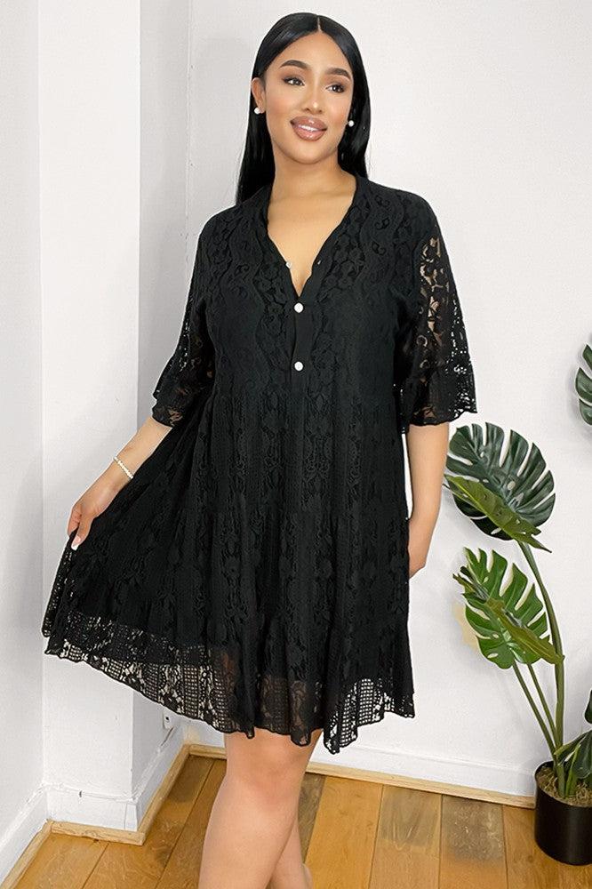 Silver Buttons Cotton Lace Swing Dress