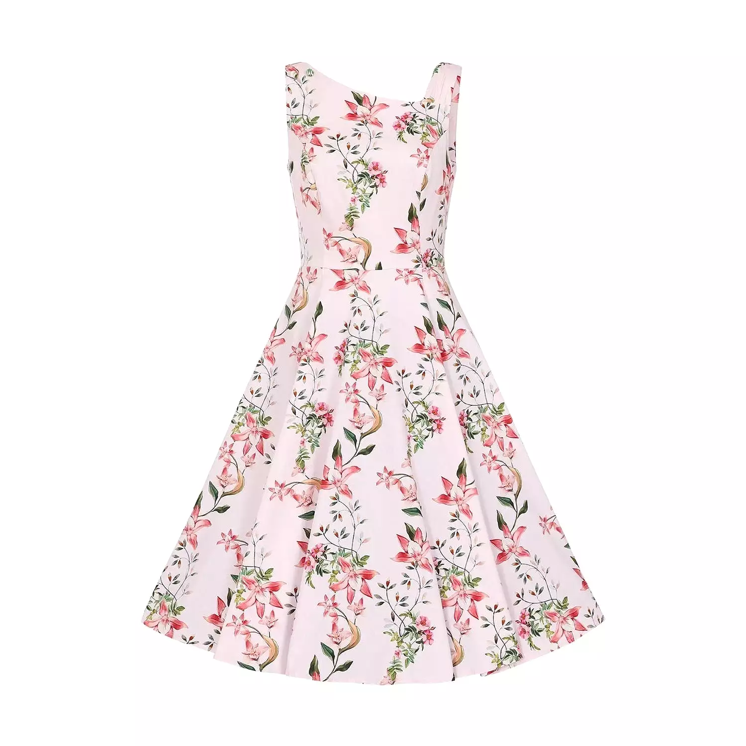 Soft Pink Floral Summer Party Swing Tea Dress