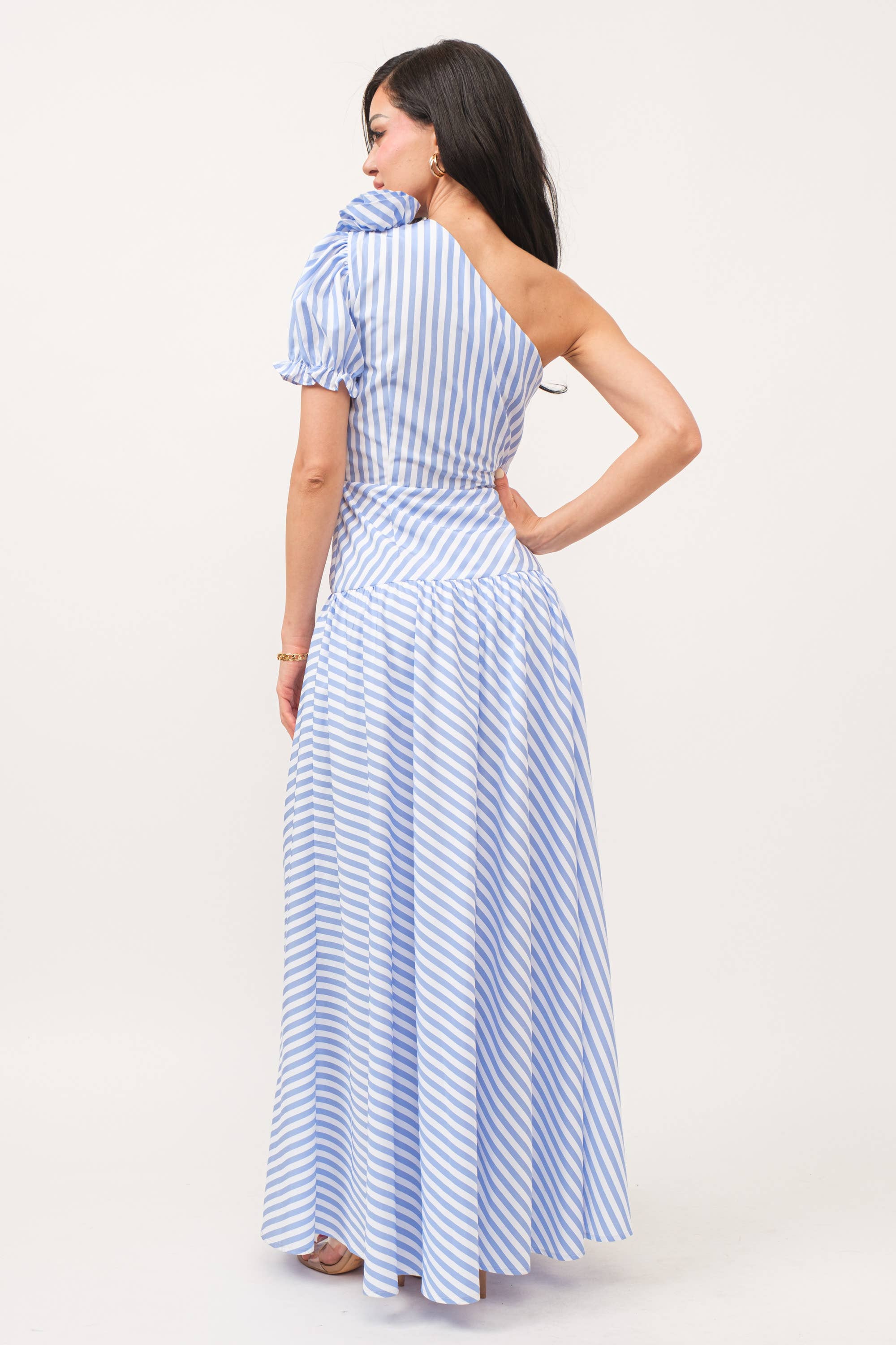 Stripe print one shoulder dress with self flower detail: S / Royal Blue