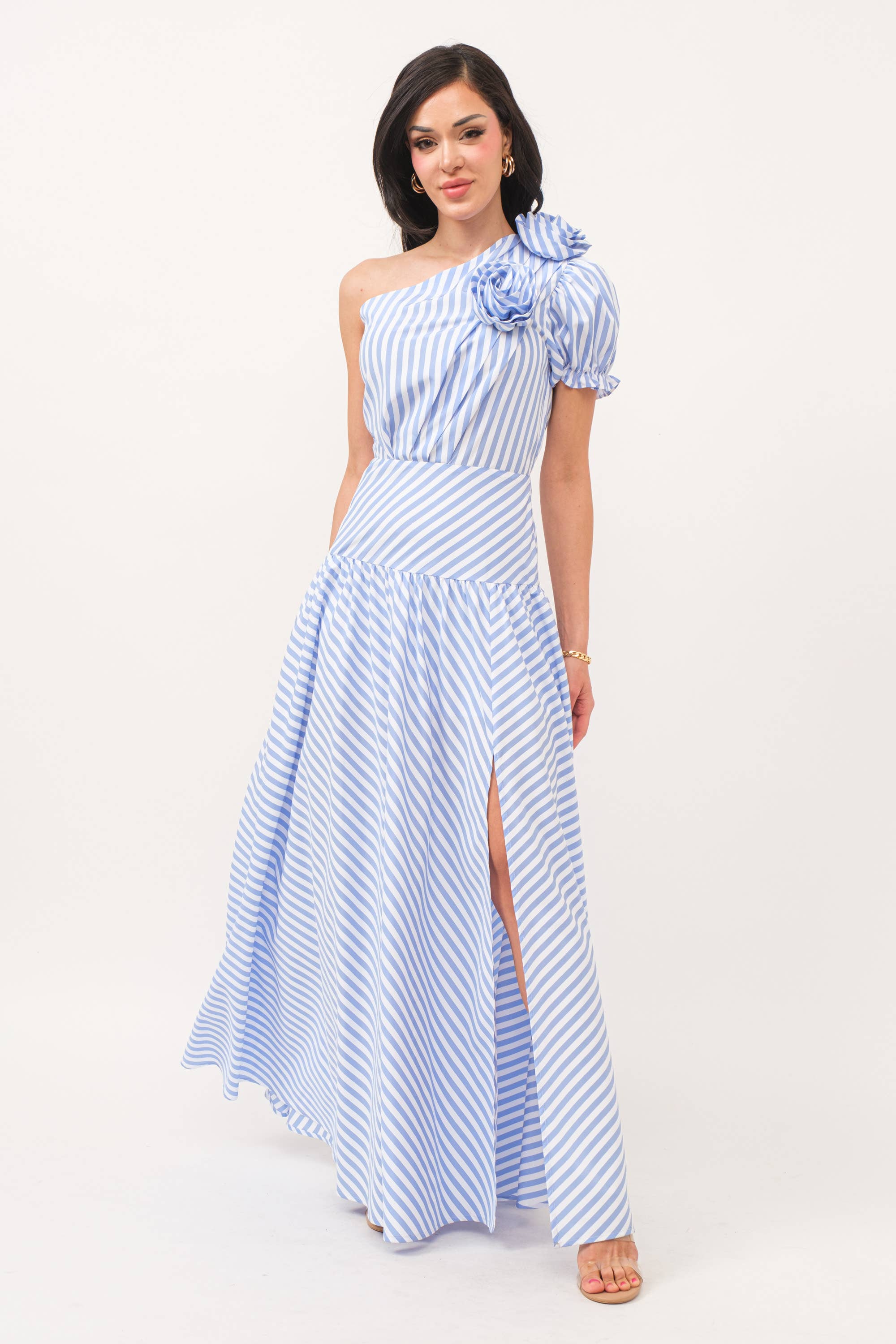 Stripe print one shoulder dress with self flower detail: S / Royal Blue