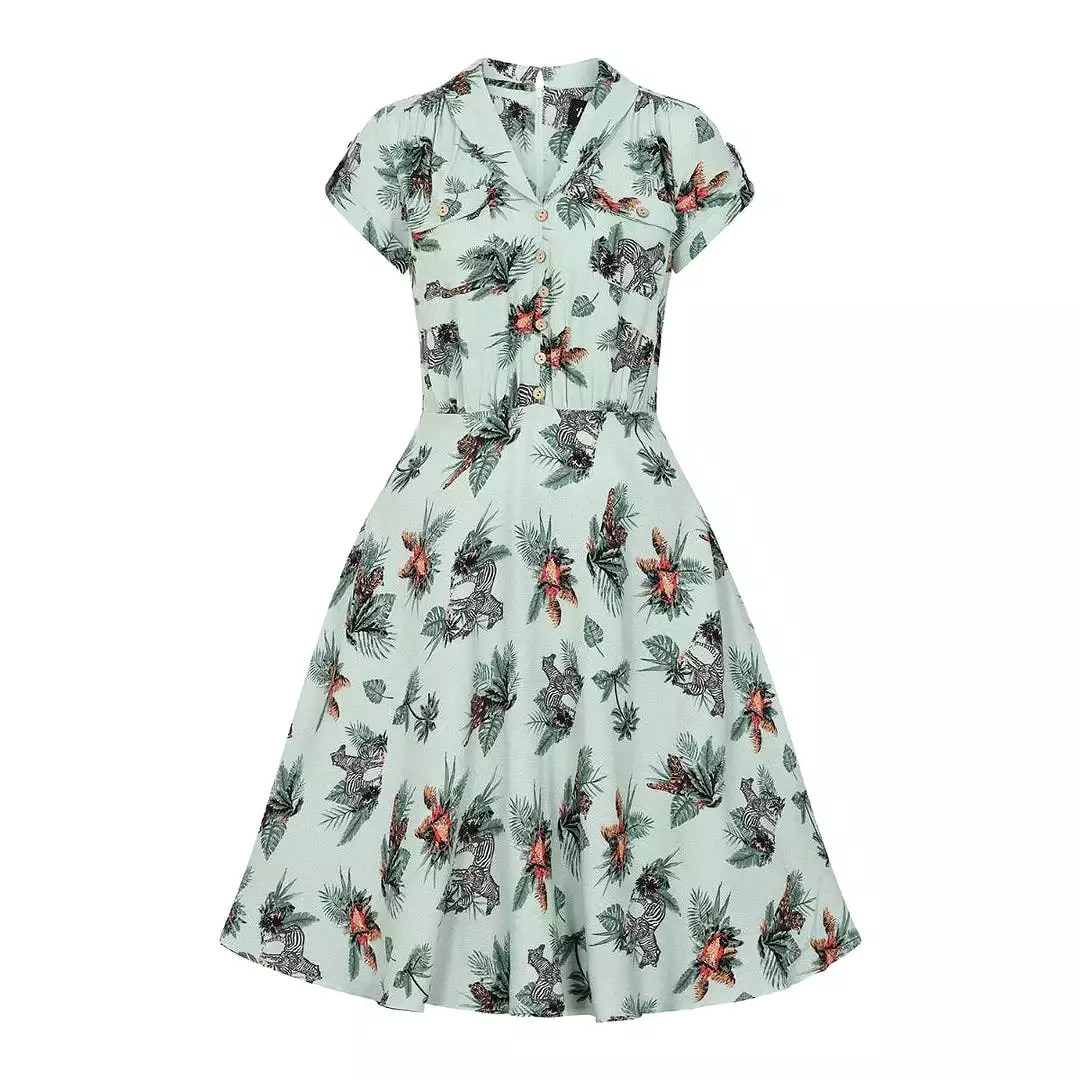 Summer Green Safari Animal Print Tea Dress with Button Detail