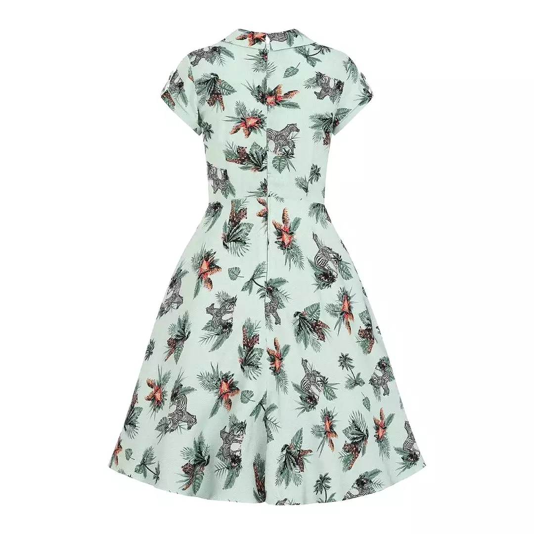 Summer Green Safari Animal Print Tea Dress with Button Detail