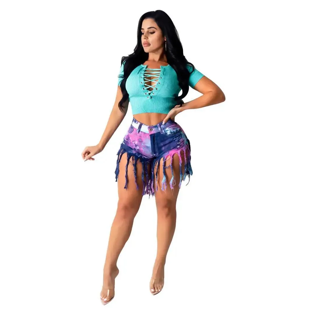 Summer Tie Dye Long Tassel Patchwork Pattern Denim Shorts for Women