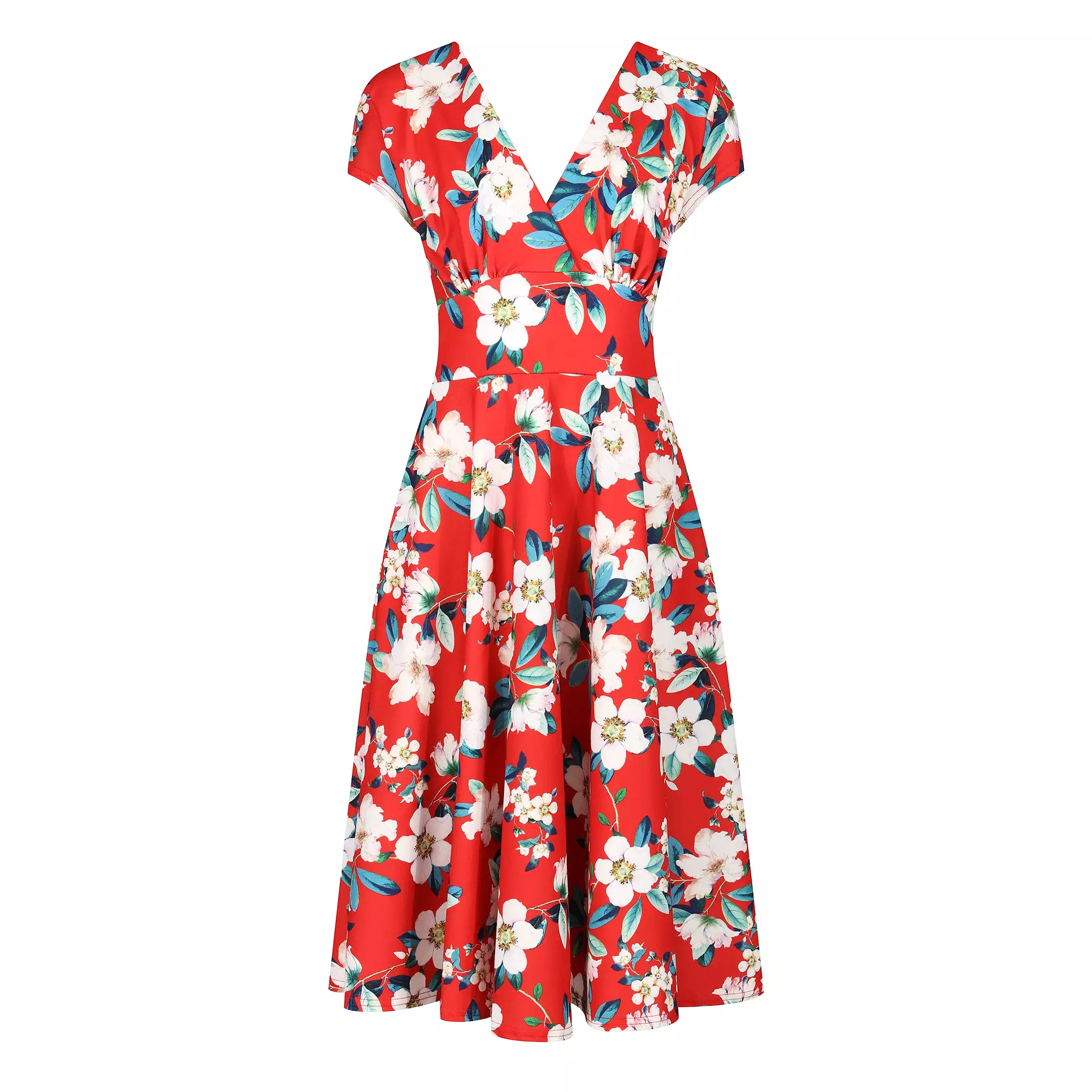 Sunset Red Floral Vintage A Line Crossover Capped Sleeve Tea Swing Dress