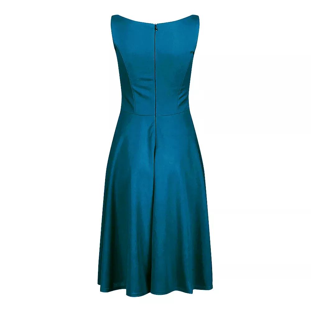 Teal Audrey Hepburn Style Sleeveless 50s Swing Dress With High Boat Neckline