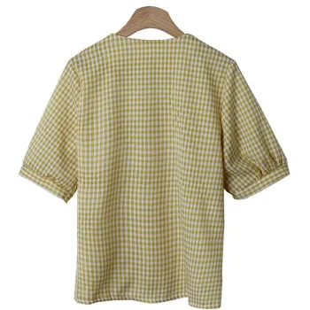 Trendywhere V-Neck Check Puff Sleeve Top