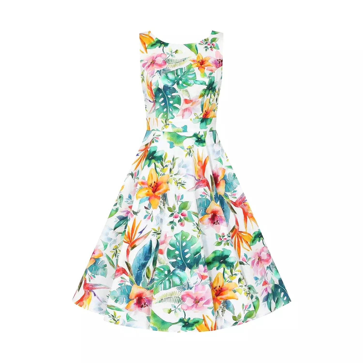 Tropical Print White Floral Summer Swing Party Dress