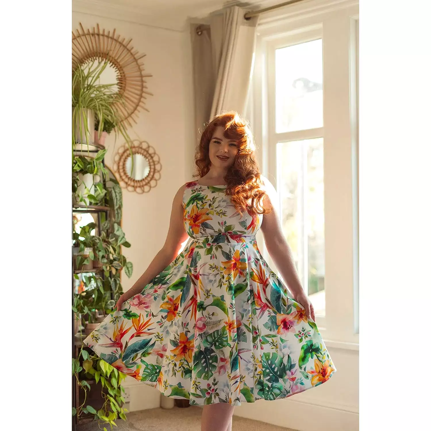 Tropical Print White Floral Summer Swing Party Dress