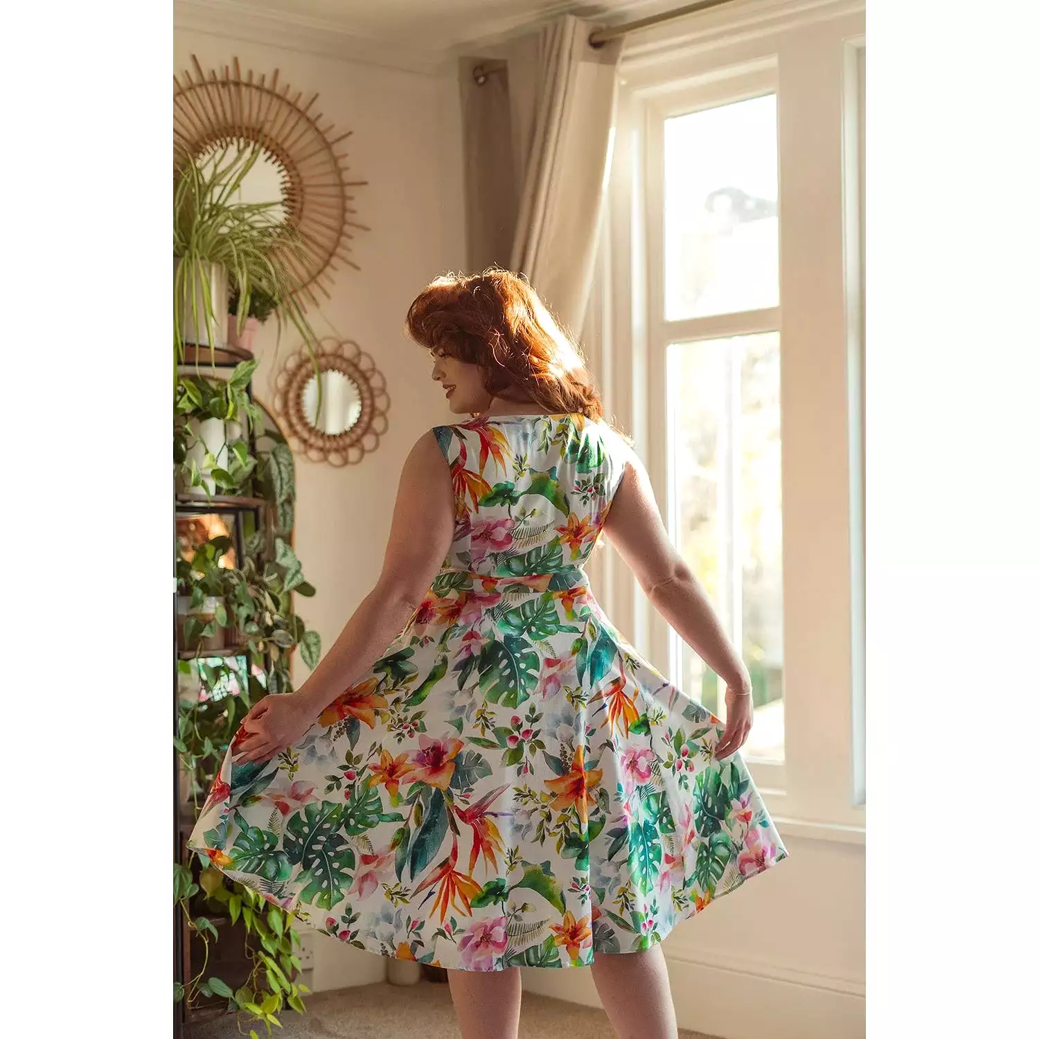 Tropical Print White Floral Summer Swing Party Dress