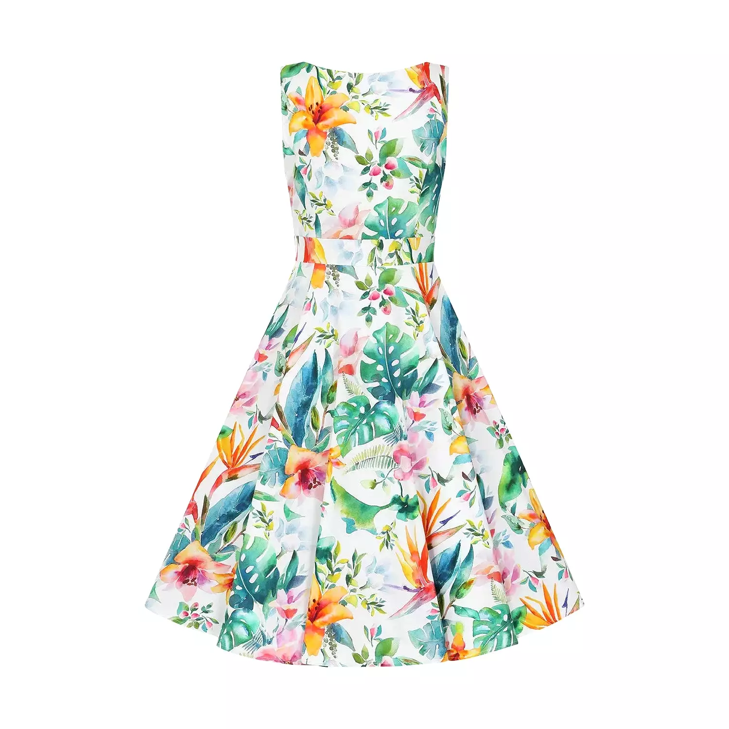 Tropical Print White Floral Summer Swing Party Dress