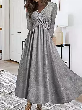 V-Neck Ruched Long Sleeve Midi Swing Dress for Women