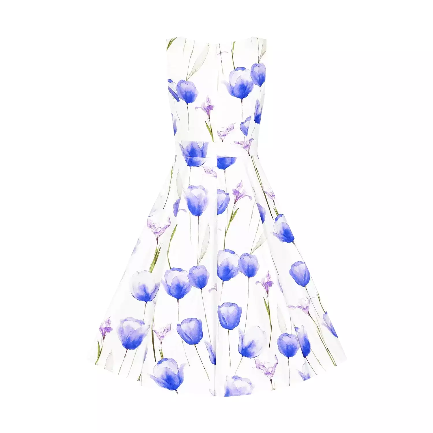 White & Purple Tulips Floral Print 50s Swing Dress