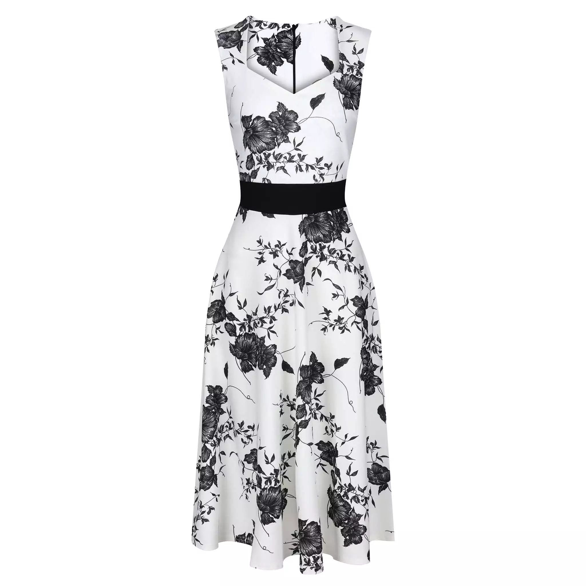 White And Black Floral Print Fit And Flare Swing Dress