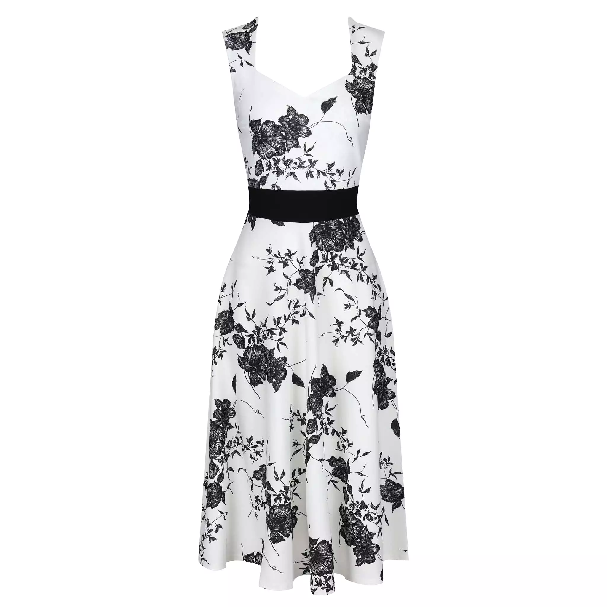 White And Black Floral Print Fit And Flare Swing Dress