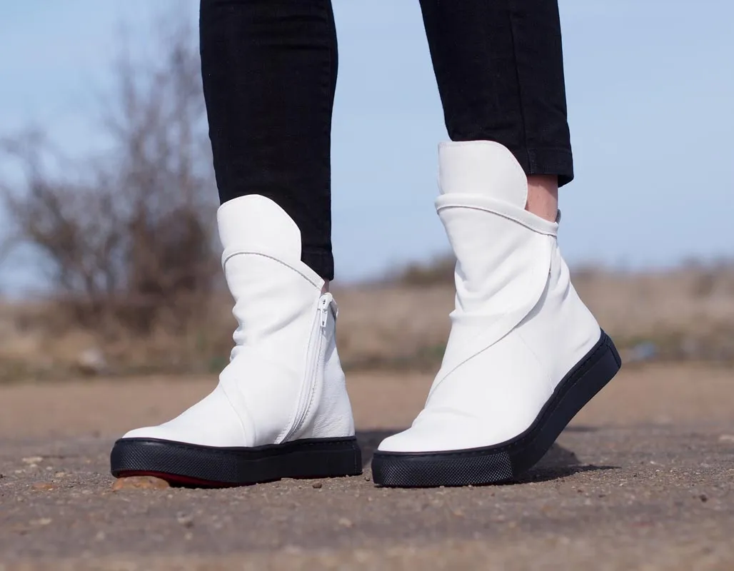 White Genuine leather Sneakers boots,Women Leather sneakers boots,White leather sneakers women,Women leather boots,White Leather