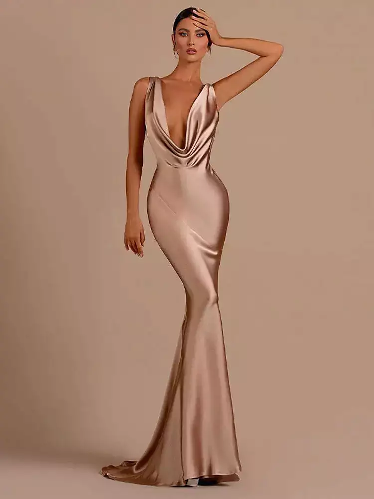 Woman Sexy Satin Swing Neck Party Dress Fashion Solid Backless Bodycon Maxi Dresses