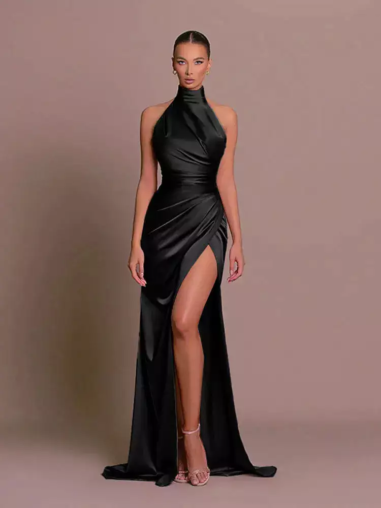 Woman Sexy Satin Swing Neck Party Dress Fashion Solid Backless Bodycon Maxi Dresses