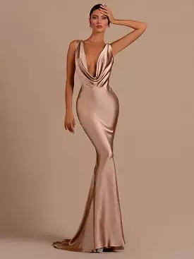 Woman Sexy Satin Swing Neck Party Dress Fashion Solid Backless Bodycon Maxi Dresses