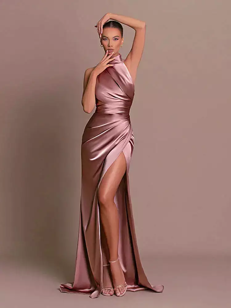 Woman Sexy Satin Swing Neck Party Dress Fashion Solid Backless Bodycon Maxi Dresses