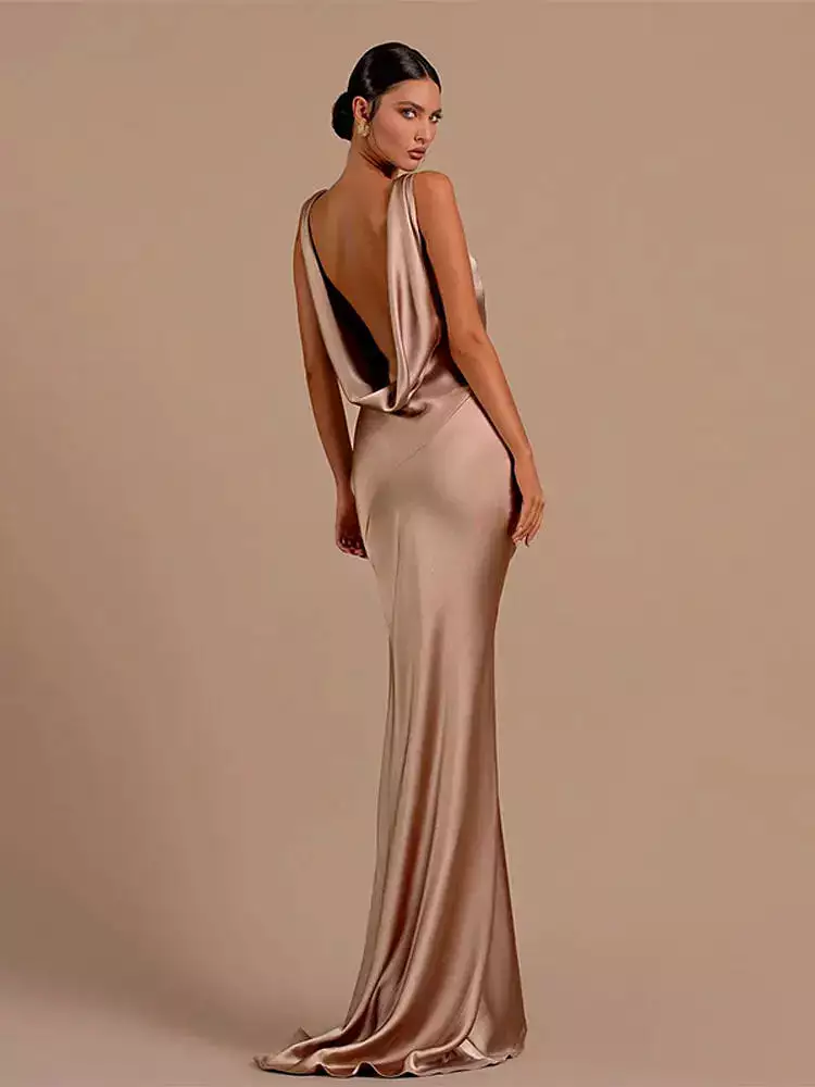 Woman Sexy Satin Swing Neck Party Dress Fashion Solid Backless Bodycon Maxi Dresses