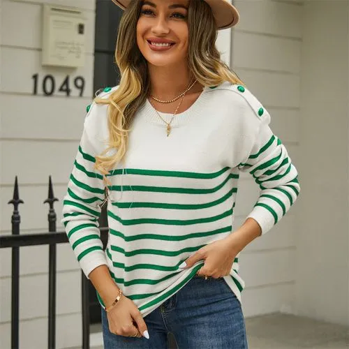 Women's Sweater Long Sleeve Sweaters & Cardigans Button Casual Stripe