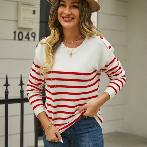 Women's Sweater Long Sleeve Sweaters & Cardigans Button Casual Stripe