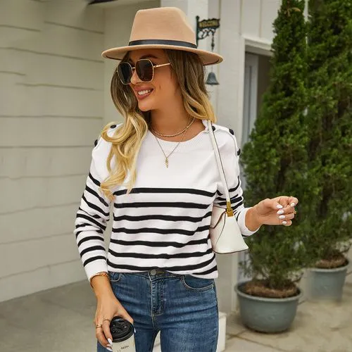 Women's Sweater Long Sleeve Sweaters & Cardigans Button Casual Stripe