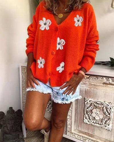 Women's Sweater Long Sleeve Sweaters & Cardigans Embroidery Elegant Streetwear Flower