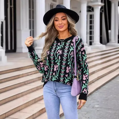 Women's Sweater Long Sleeve Sweaters & Cardigans Jacquard Streetwear Flower