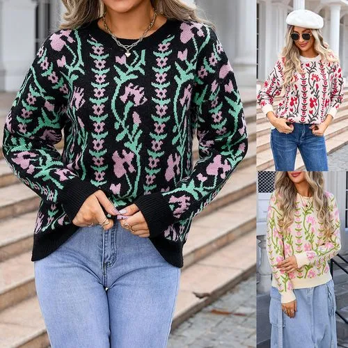 Women's Sweater Long Sleeve Sweaters & Cardigans Jacquard Streetwear Flower