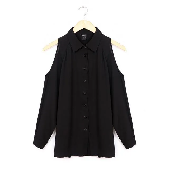 Women's Full Sleeve Off Shoulder Long Shirt with Collar and Button