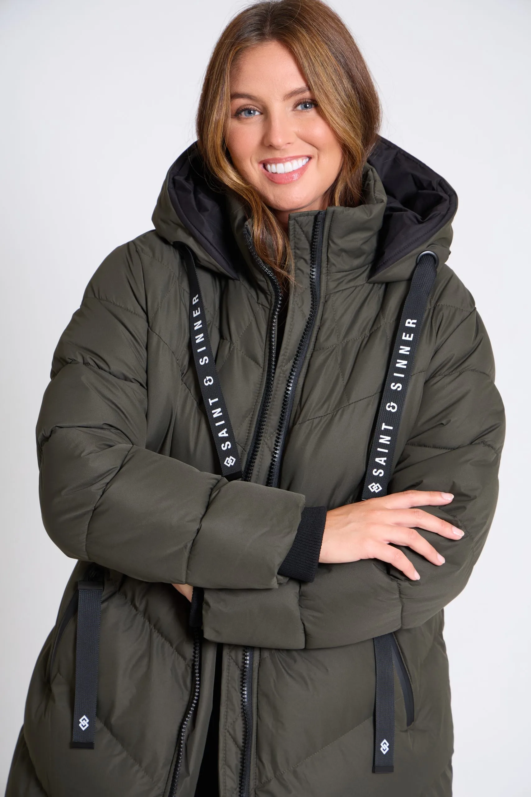 Women’s Long Oversized Padded Khaki Hooded Winter Coat