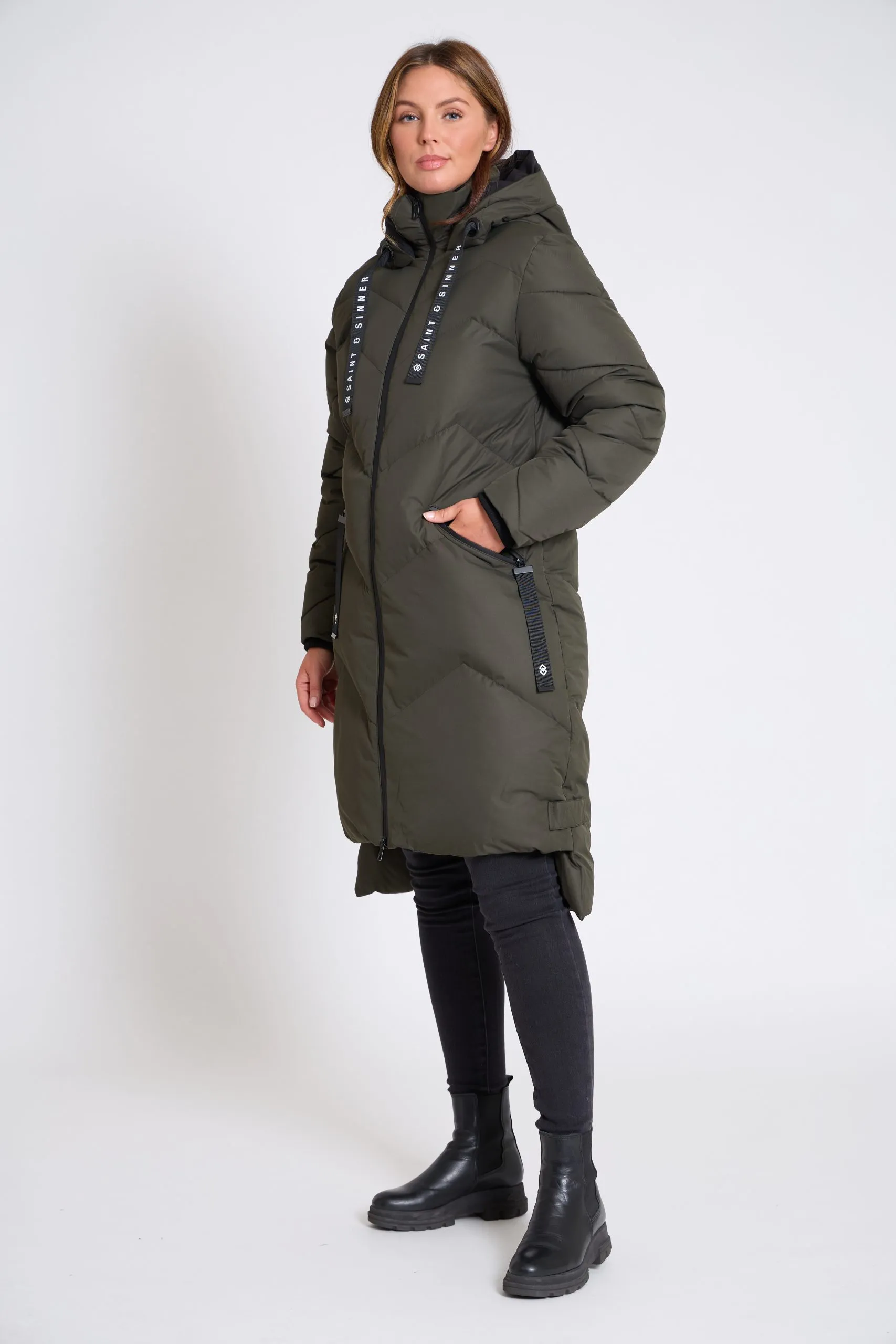 Women’s Long Padded Khaki & Black Hooded Winter Coat