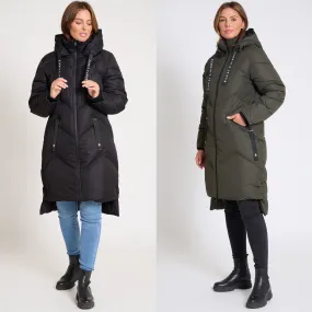 Women’s Long Padded Khaki & Black Hooded Winter Coat