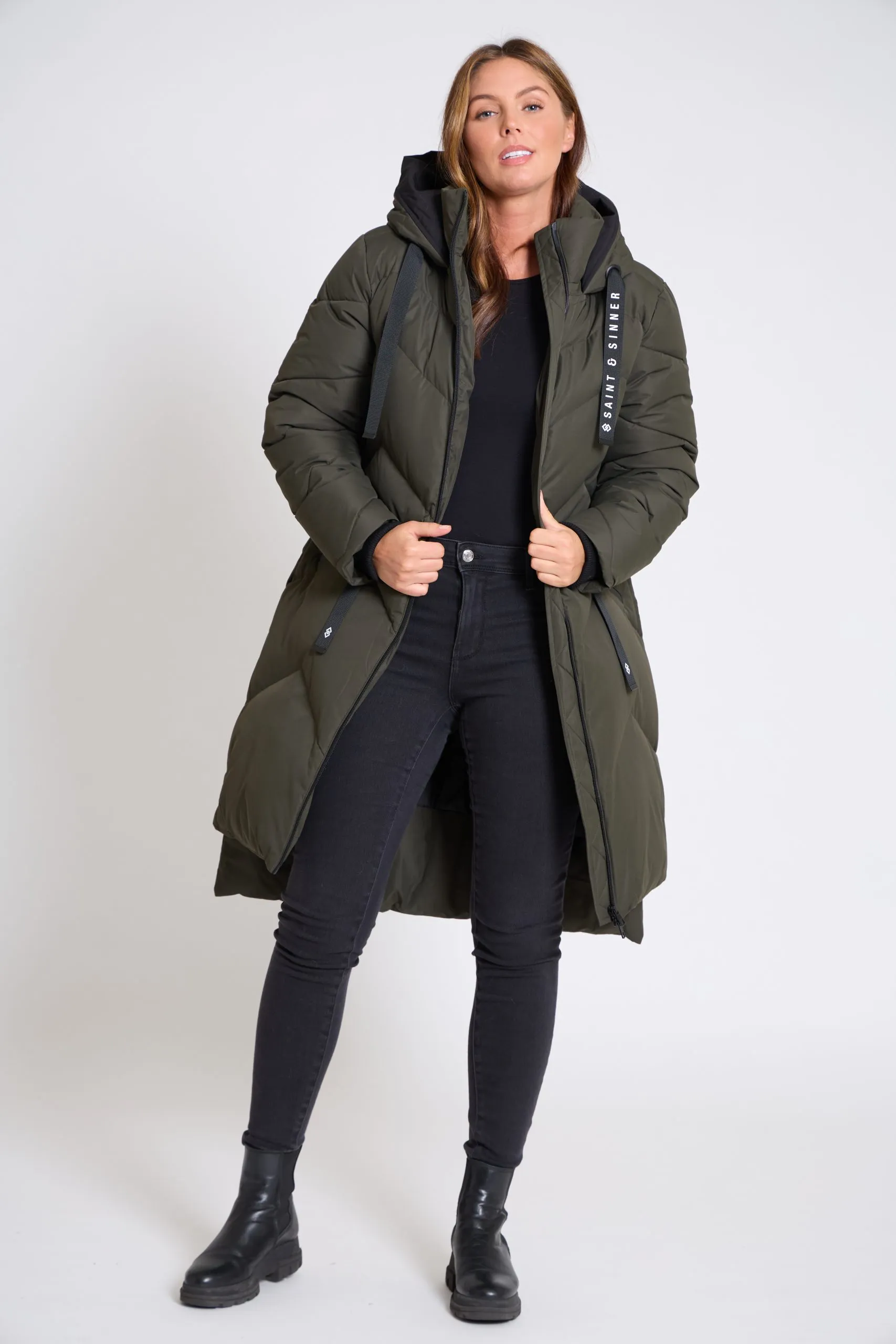 Women’s Long Padded Khaki & Black Hooded Winter Coat