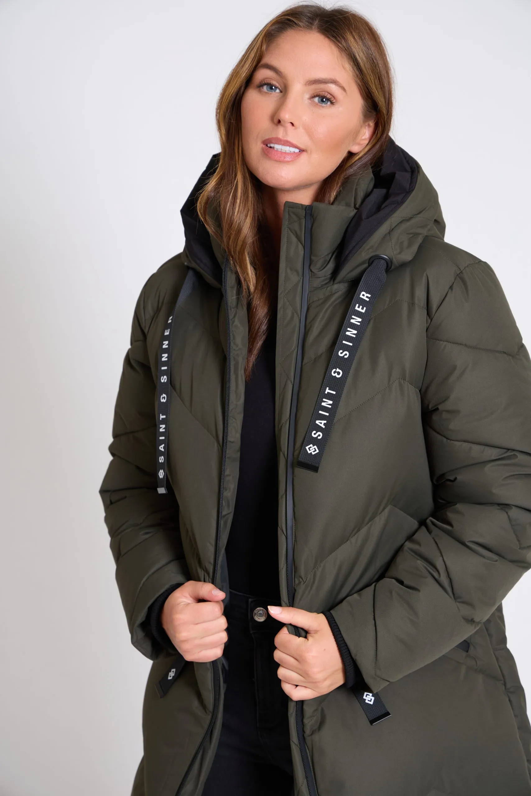 Women’s Long Padded Khaki & Black Hooded Winter Coat