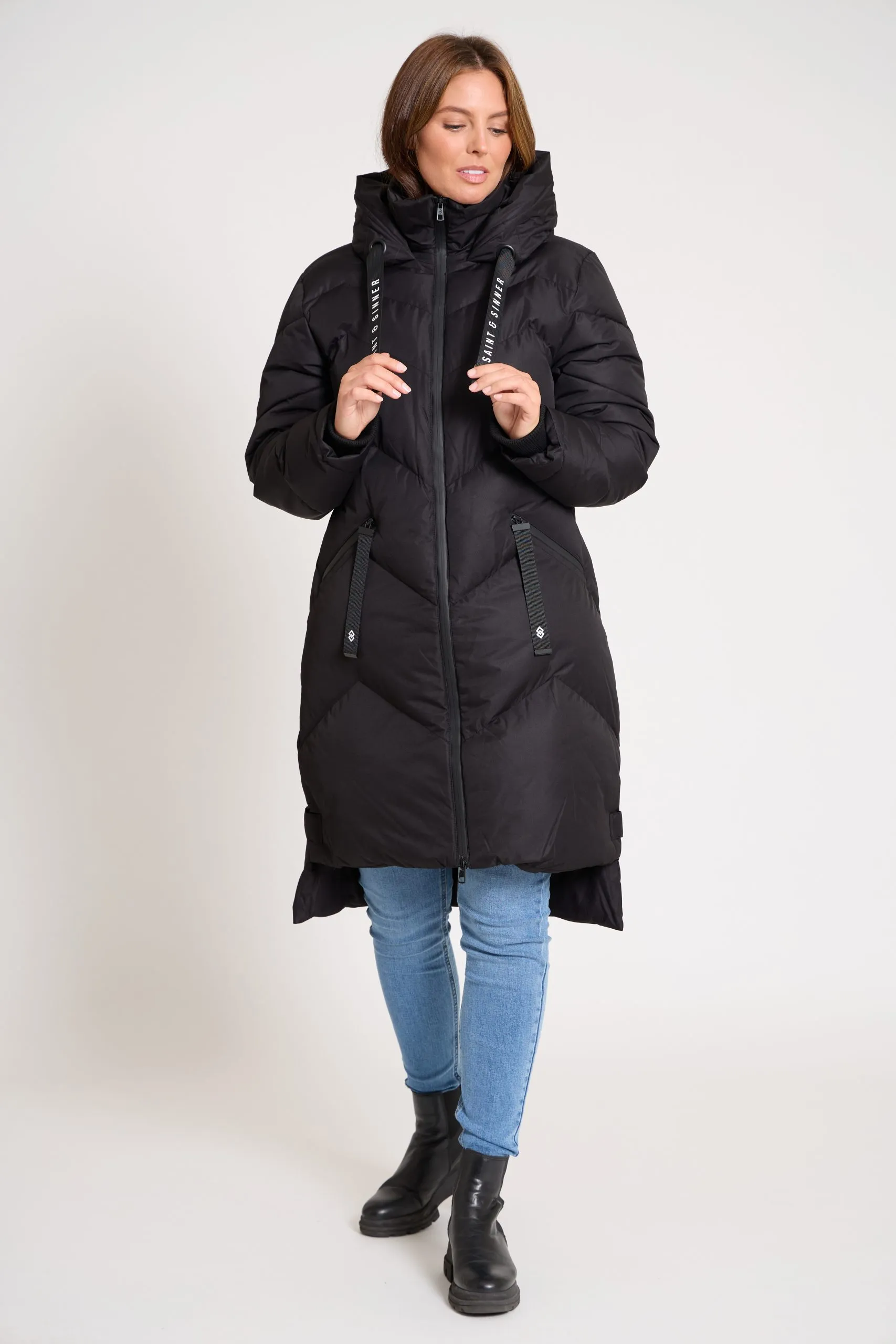 Women’s Long Padded Khaki & Black Hooded Winter Coat