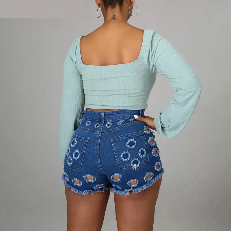 Women's Sexy Distressed Hollow Ripped Low Waist Tight Denim Shorts