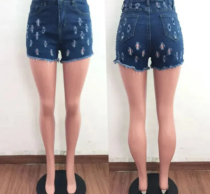 Women's Sexy Distressed Hollow Ripped Low Waist Tight Denim Shorts