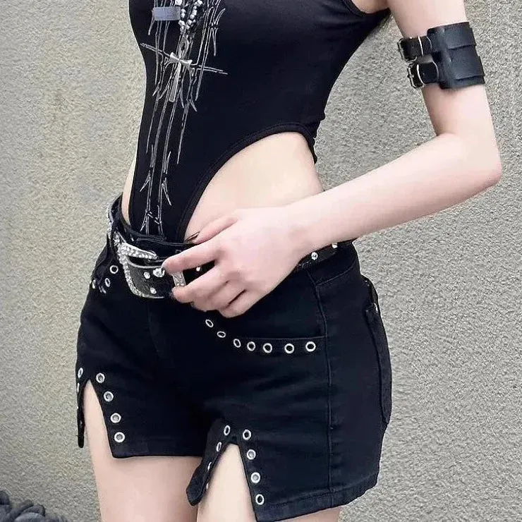 Women's Sexy Punk Goth Style Low Waisted Thin Slit Denim Shorts